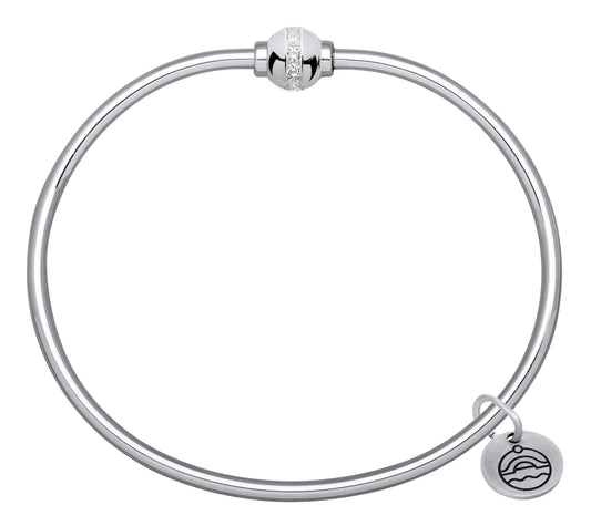 Plain sterling silver Cape Cod bangle bracelet with a twistable silver bead that has a plain cubic zirconia accent lined down the middle. Comes with an engraving of the Cape Cod jewelry design logo on a silver circle attached to a jump ring.
