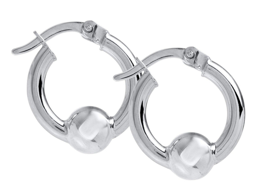 Sterling silver Cape Cod hoop earrings. Hoops are plain silver with silver clasps and a plain silver ball at the middle. This design is the smallest of three available sizes.