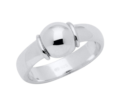 Sterling silver Cape Cod ring with a plain silver ball on the top. Ball is flat on the side of the ring that goes on your finger for a comfortable fit.