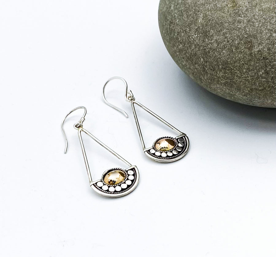 Sterling Silver Bali Dangle Earrings With Gold Overlay Accents