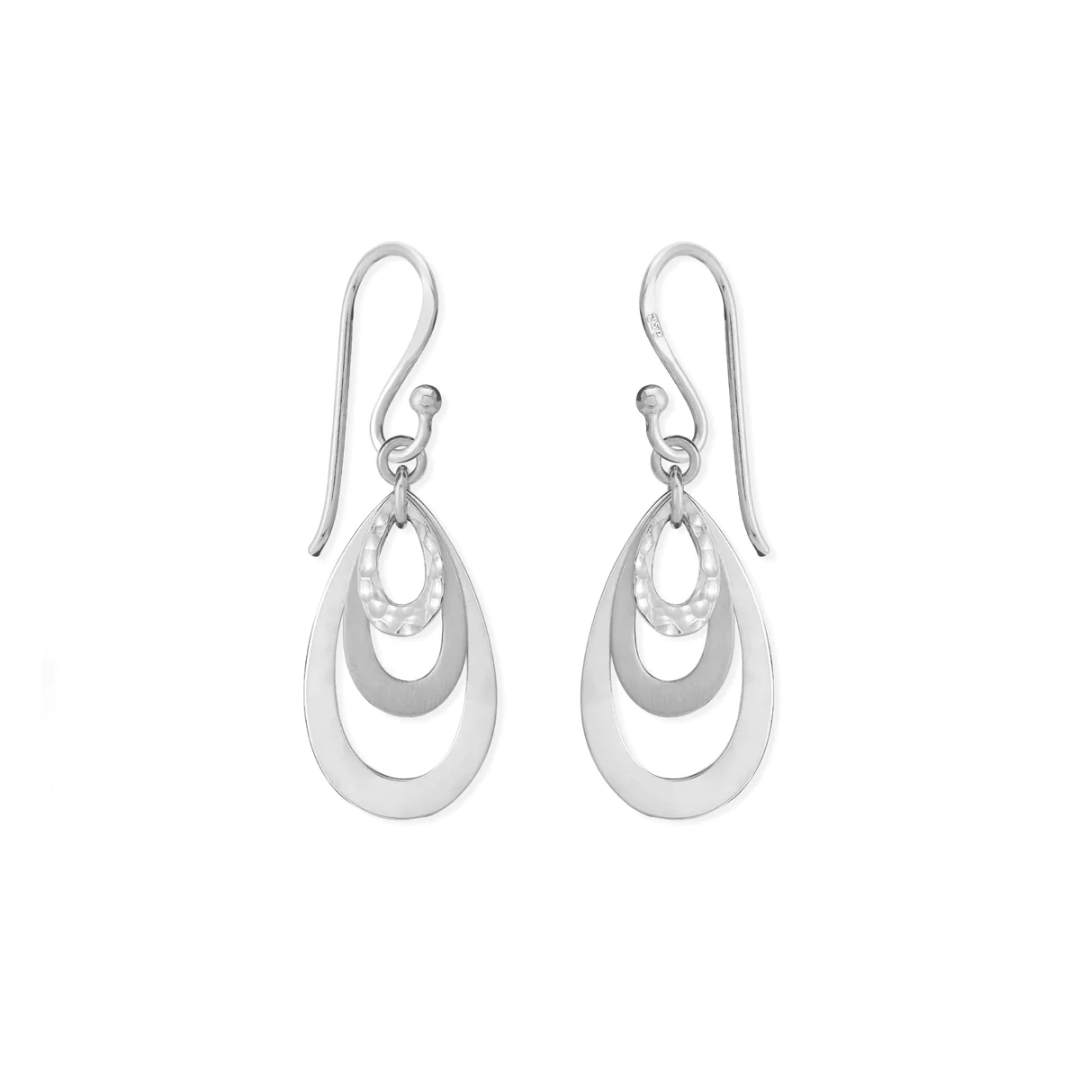 Sterling silver dangle earrings. 3 teardrop hoops. 1 hammered, 1 matte finish, 1 high polish. Just over 1.25" in length.