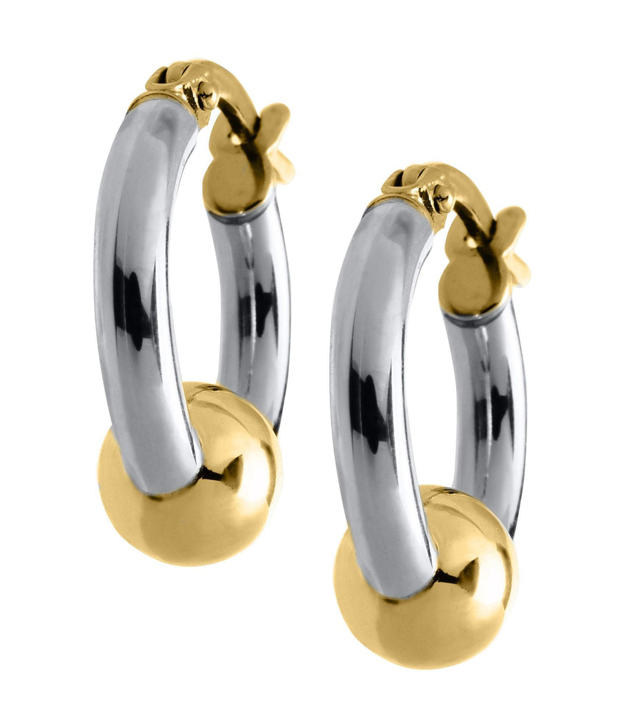 Side view of sterling and gold ball hoop earrings.